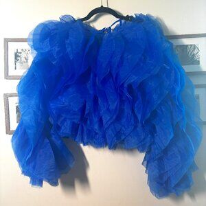 Akira Blue Ruffle Statement Top – Bold Voluminous Sheer Layered Blouse